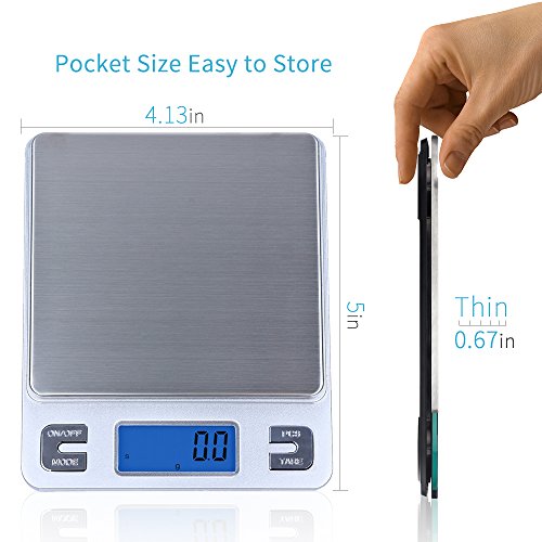Dapai Mini Digital Kitchen Scale, Multifunction Food Scale, 0.1g-3kg, Tare & PCS Functions, Back-Lit LCD Display, Stainless Steel, Batteries Included (Silver)