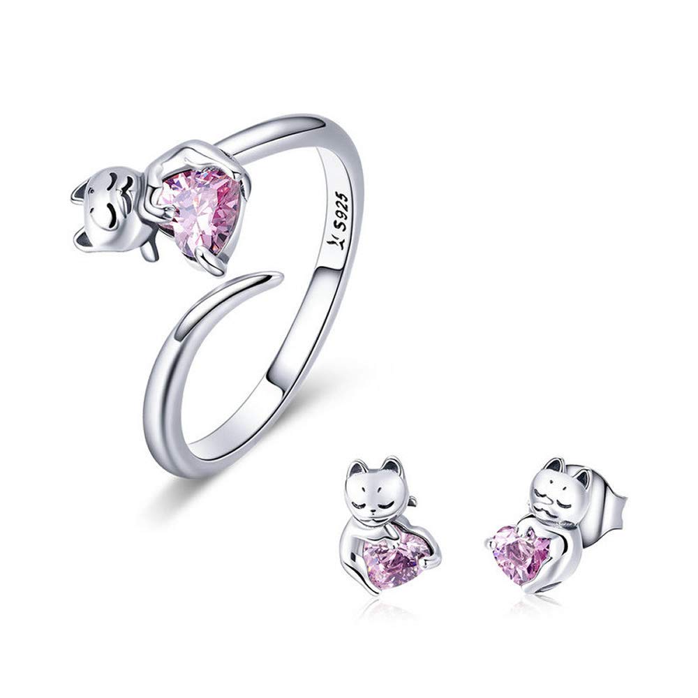 Authentic 925 Sterling Silver Adorable Cat Pink CZ Adjustable Finger Rings and earrings jewellery set for Women Sterling Silver Ring jewellery