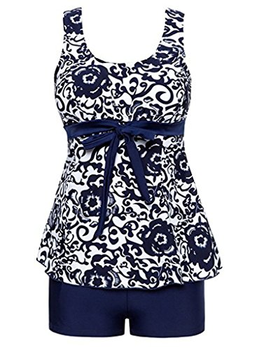 Aleumdr Womens Floral Printed Tank Top Ties Tankini Swimsuit with Swim Shorts