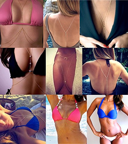 Tornito 8Pcs Sexy Body Chain Belly Waist Chain Necklace Summer Beach Crossover Bikini Bra Body Jewelry for Women Girls Gold Tone