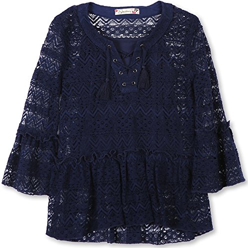 Speechless Big Girls  Front Lace Bell Sleeve Top, Navy, S