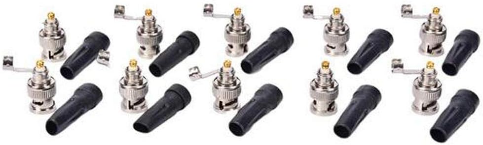BW® 10pcs RG59 BNC Male Plug Pin Solderless Straight Angle Connector for CCTV Cameras, Black