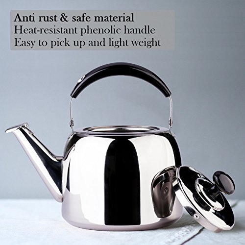 Tea Kettle Whistle for Stovetop 18/10 Stainless Steel Mirror Finish Surface, Bakelite Handle Fast Boiling GSH 3 Quart