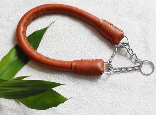 FourlegMate Handmade Leather Martingale Choke Chain Dog Collar(Coffee)