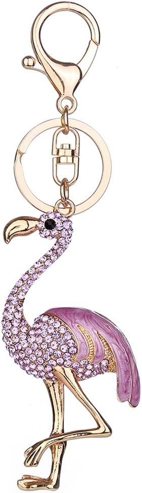 Cute Car Key Ring Shiny Rhinestone Flamingo Key Chain Pendant Handbag Key Ring Car Decoration (Purple)