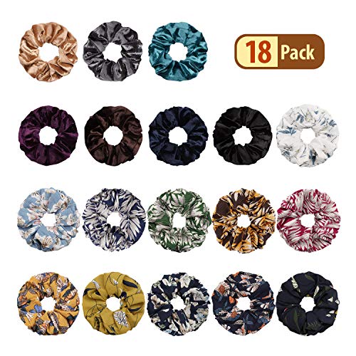 18 Pack Chiffon Flower Hair Scrunchies Hair Bow with 11 Colors Chiffon Ponytail Holders Elastic Chiffon Hair Ties and 7 Solid Colors Velvet Scrunchy Hair Bands for Women & Girls