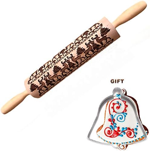 Engraved Embossing Rolling Pins, Christmas Wooden Carved Reindeer Rolling Pin, Kitchen Tools to Make Cookie Dough and One Cookie Mould as Gift (35x5cm)