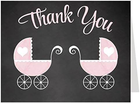 Twins Baby Shower Thank You Cards, Chalkboard, Carriages, Stroller, Buggy, Twins, Twin Girls, Baby Girls, Pink Set of 50 Folding Notes with White Envelopes, Chalkboard Baby Carriage Twin Girls