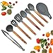 Premium Silicone Cooking Utensils Set, 9 Piece Gray Kitchen Utensil - 446°F Heat Resistant, Polished Wooden Handles, Non Toxic Safe Cooking Tools Non-stick Cookware Holder, Rustic Serving Gadgets