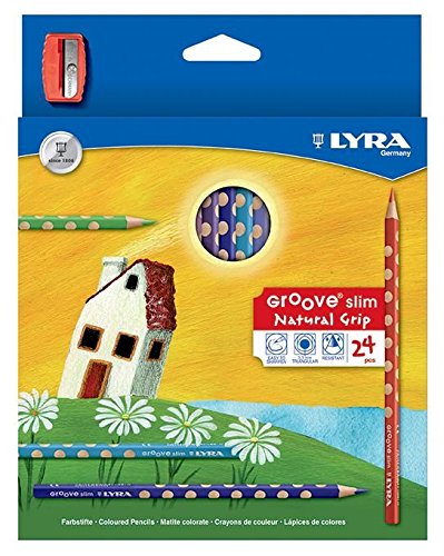 LYRA Groove Slim Child-Grip triangular colored Pencils, 3.3 Millimeter Cores, Includes Sharpener, Set of 24 triangle Pencils, Assorted Colors (2821240)