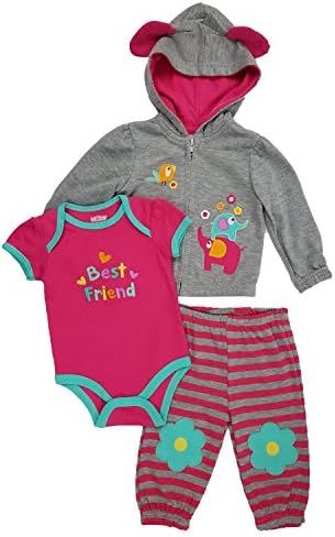 Baby Girl Clothes, Elephant Baby Clothing,Cute Infant 3 Piece Hoodie Outfit Set, Bodysuit and Pants 18 to 24 Months, Pink and Gray, Ropa de bebe niña, Roupas de Bebe, Roupa Infantil