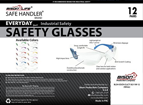 SAFE HANDLER Protective Safety Glasses, Clear Polycarbonate Impact and Ballistic Resistant Lens - White Temple (Box of 12)
