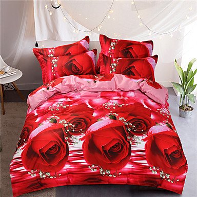 SQL red rose style printed flowers queen size 100% cotton bedding sets 4pcs bed sheet pillowcase duvet cover set, queen