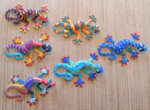 Hand Painted Metal Art Set of 6 Wall Hanging Geckos