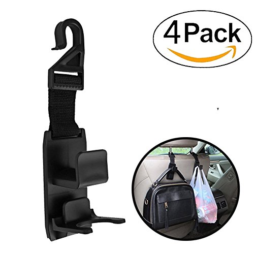LOYMR 4 Pack Universal Car Vehicle Back Seat Headrest Hanger Hook for Shopping Bags Coats Purse Grocery Bottle Adapter Storage Hooks (Black )