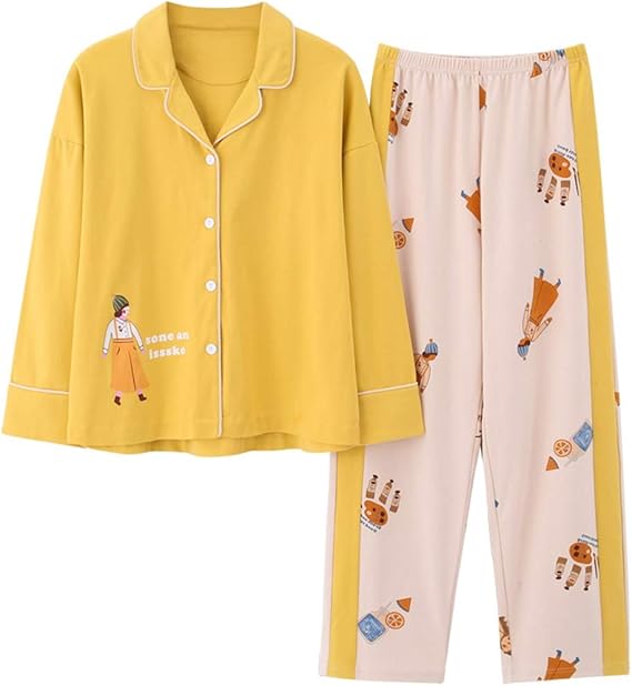 Amazon ルームウェア 部屋着 寝巻き パジャマ ナイトウェア 前開き ラペル 長袖 長ズボン 上下セット 秋冬 コットン 柔らかい肌触り ワイド 快適 可愛い 女の子 漫画プリント カジュアル イエロー パジャマ ルームウェアセット 通販