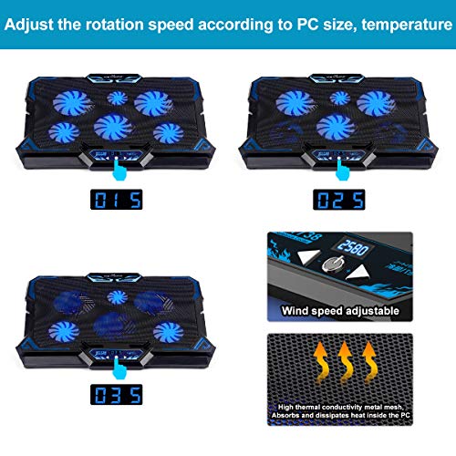 KEYNICE Laptop Cooling Pad, Notebook Cooler with 6 Quiet Fan, Dual USB Port, 5 Wind Speed Adjustable, Blue LED Light, Fit 12"-17" Computer, Portable Cooler Pad with LCD Screen, Gaming Laptop Cooler - Thumbnail 3