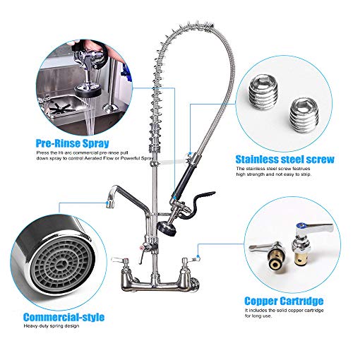SEAAN Commercial Sink Faucet Wall Mount Pre-rinse Faucet 2 Handle Pulldown Kitchen Faucet with Sprayer- 36" Height 8" Center, 12" Add-on Spout, Chrome Finished, Heavy Duty