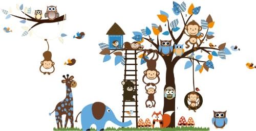 Jungle Zoo Animal Girafee, Elephant, Monkey and Owl Having Party on Tree Monkey Wall Decal Owl Zoo Wall Decal
