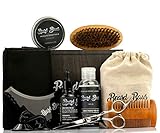 Beard Grooming Kit for Men with Brush and Comb, Unscented Beard Oil, Shampoo, Mustache or Beard Balm, Stainless Steel Trimming Barber Scissors, Apron and More, Mens Set for Styling, Shaping, Growth