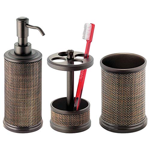 mDesign Bath Accessory Set, Soap Dispenser Pump, Toothbrush Holder, Tumbler - 3 Pieces, Bronze