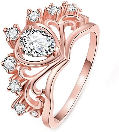 JL Pretty Fashion Rose Gold Plated Heart Crystal Princess Crown Diamond Ring Wedding Band Gift for Her