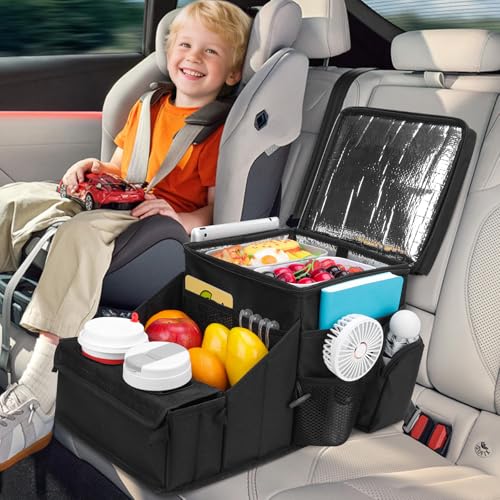 INFANZIA Car Seat Organizer, Backseat Van Organizer with Cup Holders for Car Front Passenger and Back Seat, Carseat Storages with Cooler Compartment for Kids and Adults for Toy, Snacks (Black)
