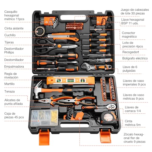 Juego de Herramientas de 144 En 1,Kit de Herramientas Manuales Portátiles con Caja de Herramientas,Set de Herramientas Mecánicas para Reparaciones Diarias y DYI
