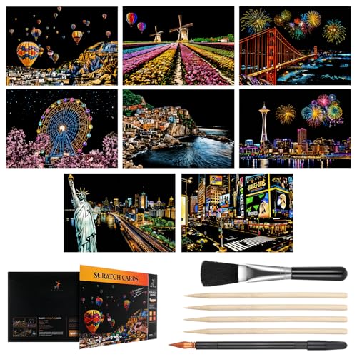 Giantree 14Pcs Scratch Art, Scratch Art Adult, Paint by Scratch Rainbow Engraving Painting, Scratch Painting for Adults, Landscape Scratchboard with Scratch Art Tools Creative DIY Art Craft(14Pcs)