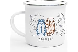 Camping Mug Enamel. Custom Name Ceramic Campfire Coffee Mug. Personalized Wedding Engagement Camp Cup, Christmas Gift for Cou