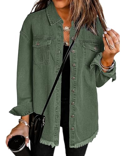Vetinee Women’s Oversized Button Up Frayed Hem Shacket Long Sleeve Pockets Denim Jean Jacket