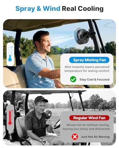 BOYISEN 2-Pack Golf Cart Fan with Mister, 2x Magnets & Secure Strap, 12000mAh Battery Operated Misting Fan with 4 Speeds, LED, Timer, Ideal for EZGO Club Car Yamaha, Golf Cart, Cruise Ship Accessories
