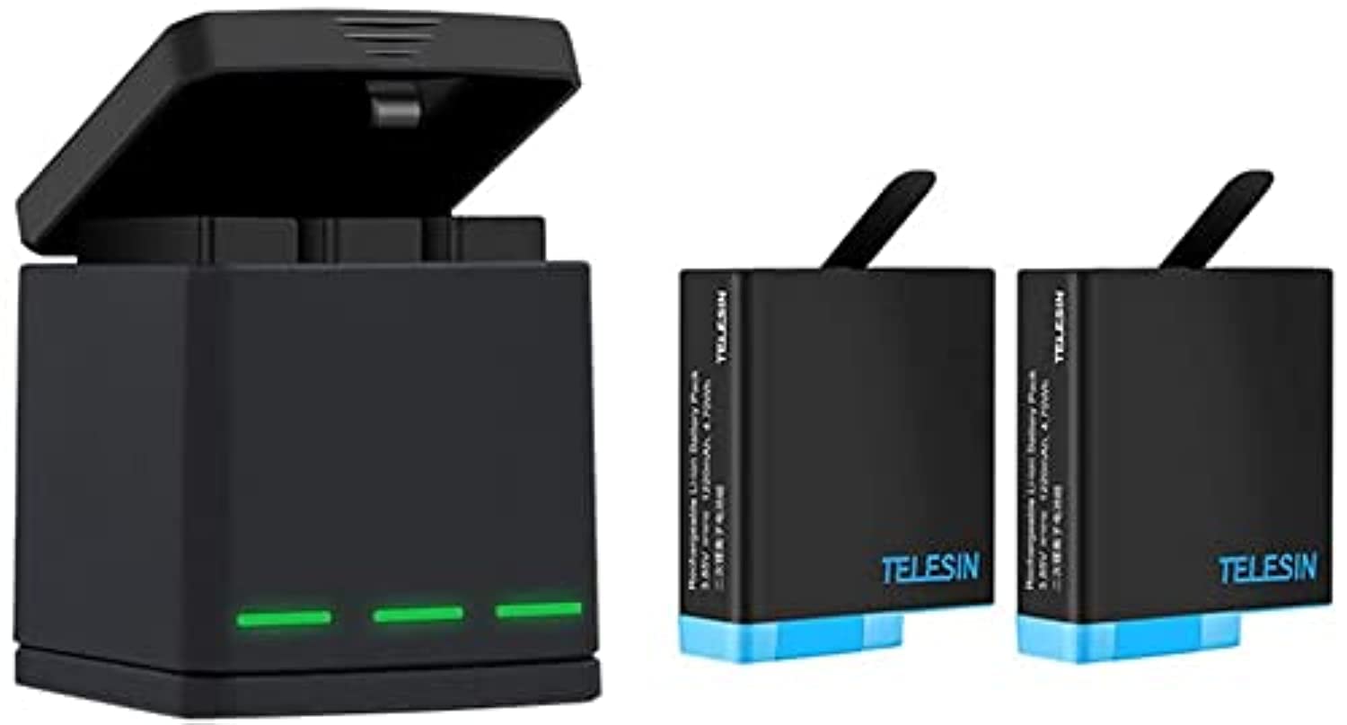 TELESIN Triple Charger Battery Storage Box Suit, 3-Channel Battery Charger Charging Box with 2 Rechargeable Lithium-ion Batteries Replacement Battery Pack for GoPro Hero 8 Hero 7 Hero 6 Hero 5 Black
