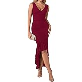 XinFSh Women's Ruffle Formal Wedding Guest Maxi Dress Sexy V Neck Ruched Bodycon Mesh Long Cocktail Dresses