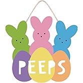 Easter Wreath Hanging Sign, Welcome Peeps Easter Door Decorations Cute Bunny Wood Hanger Wall Decor Home Window Farmhouse Door Sign Front Door
