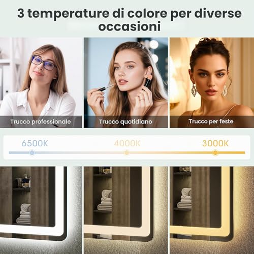 S'bagno Bluetooth-Mirror-Bathroom-with-Light-LED-100 x 70 cm, Mirror-Bathroom-LED-Anti-Fog, 3000K-6500K, Dimmable, Memory, Tempered Glass HD, IP44-Mirror-Backlit-Bathroom, Horizontal/Vertical