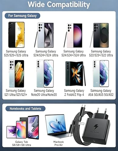 45W USB C Charger Samsung Fast Charge and 2M Cable for Samsung Galaxy S26 S26 S24 A73 A56 A55 A54 A26, USB C Plug Mains Type C Adapter