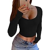 GEMBERA Women's Long Sleeve Crop Tops Scoop Neck Fitted Basic Workout Tee