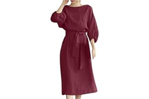 SHOPESSA Linen Dresses for Women 2024 Casual Solid Color Work Dress Long Sleeve Tie Waist Knee Length Dress Boho Dress