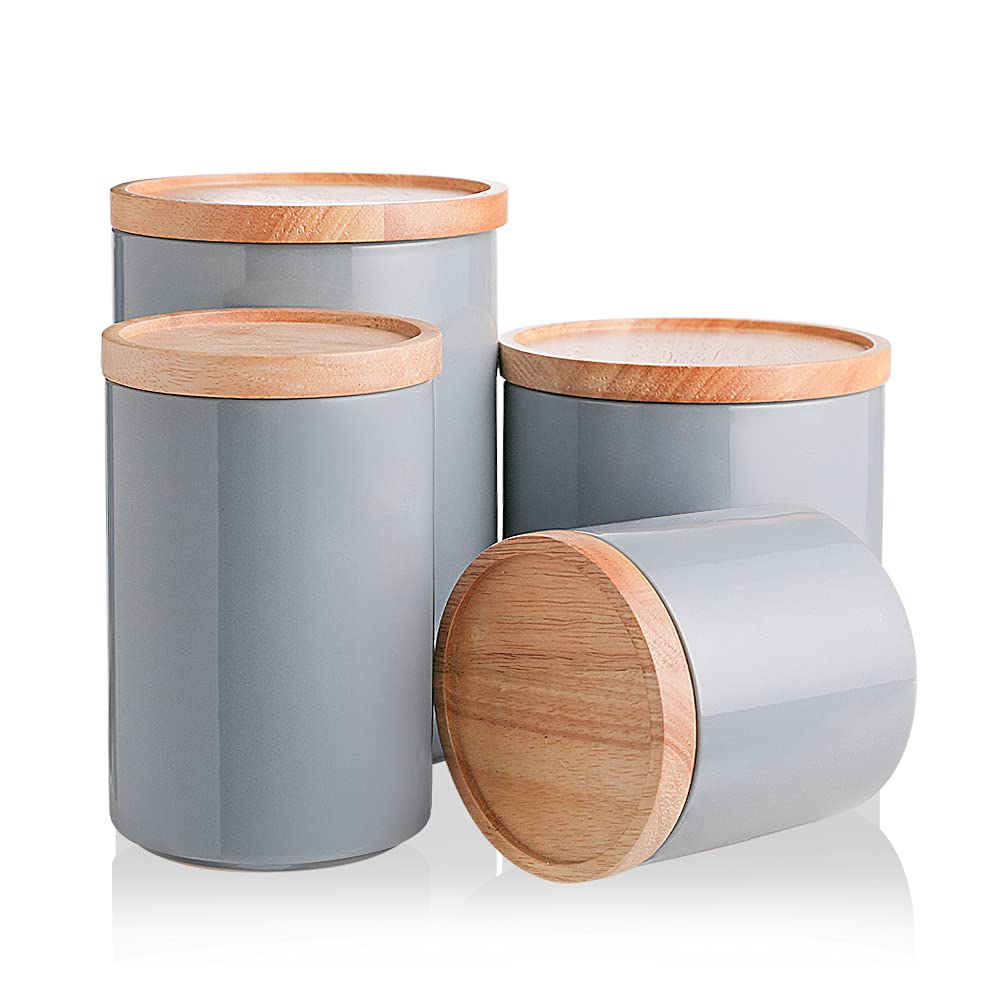Sweejar Kitchen Canisters Ceramic Food Storage Jar Set, Stackable Containers with Airtight Seal Wooden Lid for Serving Ground Coffee, Tea, Herbs, Grains, Sugar, Salt - Set of 4 (Gray) Image