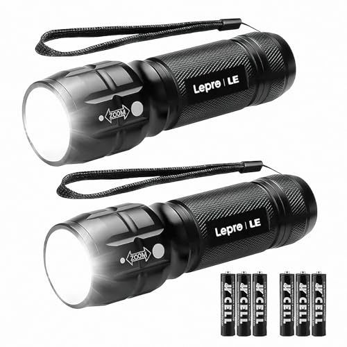Lepro L8000 Powerful Zoomable Flashlight IPX4 Waterproof Zoomable Torch 3 AAA Batteries Included, Aluminum Military LED Torch for Camping, Hiking, Emergencies, Pack of 2