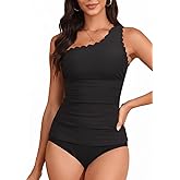 One Shoulder Two Piece Tankini - Ribbed Swim Tops with Bottom Tummy Control Swimsuits Sporty Bathing Suits Swimwear