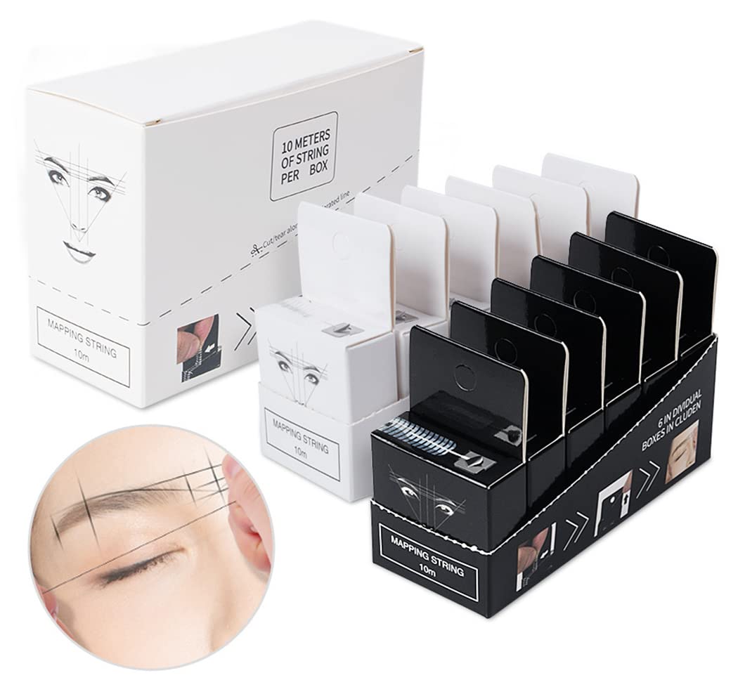 XIAOYU 10M Brow Pre-Inked Eyebrow Mapping String, Measuring Tool for Marking Symmetrical Eyebrows, 6PCS White Ink & 6PCS Black Ink