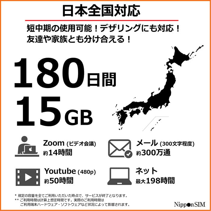 Japan SIM Card 180 Days Data Only | 15GB High-Speed 4G LTE + Unlimited Data at Reduced Speed | No Roaming Needed for Faster, Safer Access | Hotspot tethering Supported | Docomo Network | Made in Japan