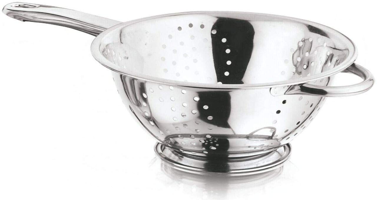 VINOD 20cm Deep Colander Pasta Strainer Stainless Steel with Long Handle - Premium Strainers & Food Colanders for Kitchen, Small Pot Strainer & Fine Steel Colander Designs.
