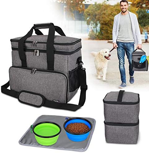 Teamoy Double Layer Dog Travel Bag with 2 Silicone Collapsible Bowls, 2 Food Carriers, 1 Water-Resistant Placemat, Pet Supplies Weekend Tote Organizer