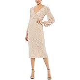 Illusion Puff Sleeve V-Neck Sequined Midi Dress by Mac Duggal