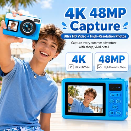 Maxmango D70 4K Macchina Fotocamera Subacquea - 48MP 10FT Fotocamera Digitale Impermeabile per Snorkeling - Doppio Schermo Compatta Galleggiante con 32GB - Batteria 1200mAh per Bambini e Ragazzi (Blu)
