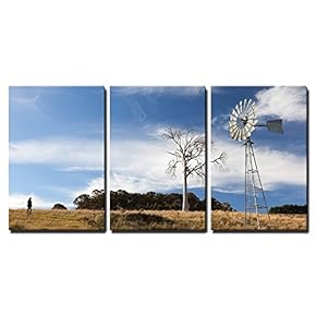 3 Piece Canvas Wall Art - a Rural Landscape with Windmill Near Oberon New South Wales Australia - Modern Home Art Stretched and Framed Ready to Hang - 16"x24"x3 Panels