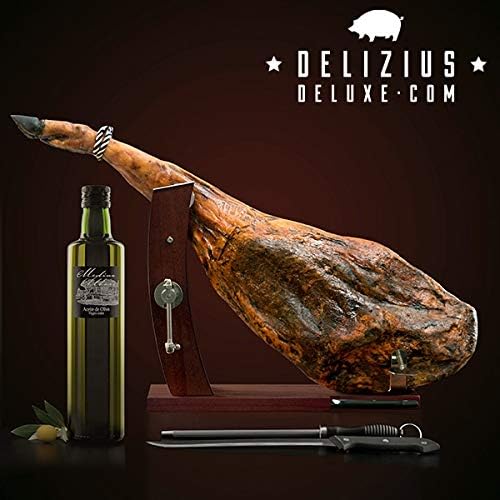 6 kg Serrano Spanish IBERIAN Ham Set (hind Leg) + 1 Medina Albors Extra Virgin Olive Oil in 500 ml Glass Bottle + 1 ham Stand + 1 ham Slicer + 1 Sharpener - DELIVERY 2 to 5 Working Days